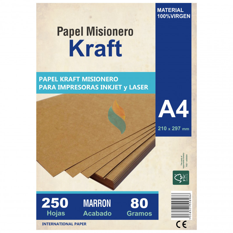 Papel Kraft Misionero A4 80 gr. x 250 hjs. Madera Marron