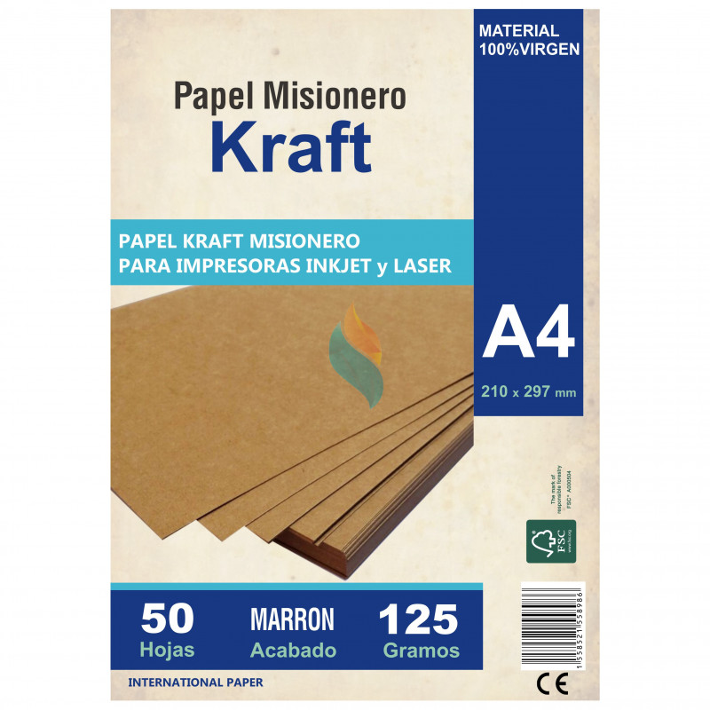 Papel Kraft Misionero A4 125 gr. x 50 hjs. Madera Marron