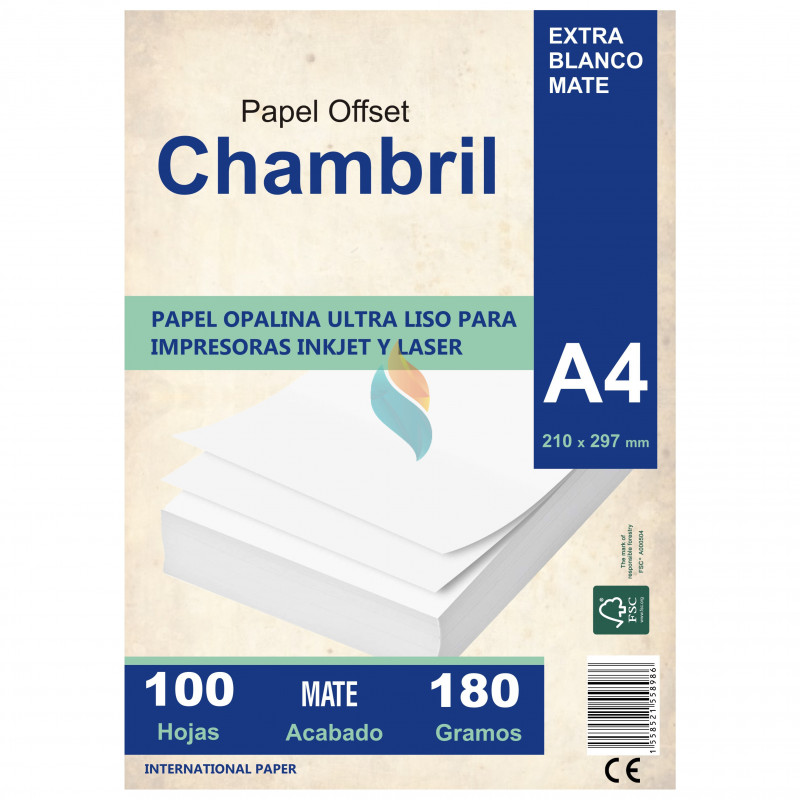Papel Opalina Lisa Chambril A4 180 gr. 100 hojas