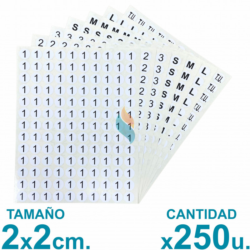 Etiquetas Stickers Autoadhesivos Talles Ropa Circular 2cm. x250u.