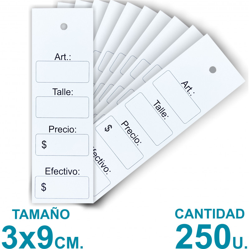 Etiquetas Colgantes para Indumentaria 3x9 cm. 300 gr. x250 u.