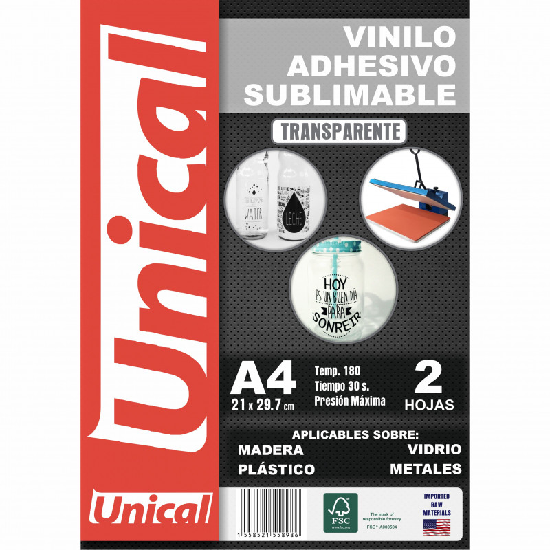 Vinilo Sublimable Transparente Autoadhesivo Brillante A4 x2 u. Unical