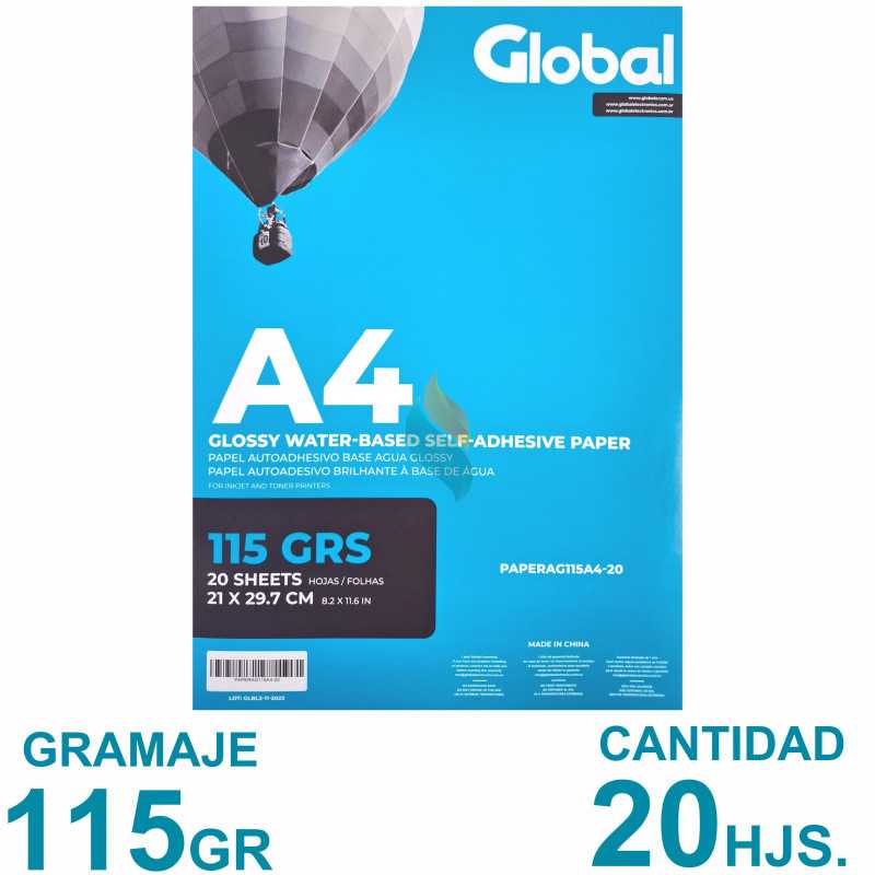 Papel Fotográfico Autoadhesivo A4 115 gr. Brillante x 20 hojas - Global