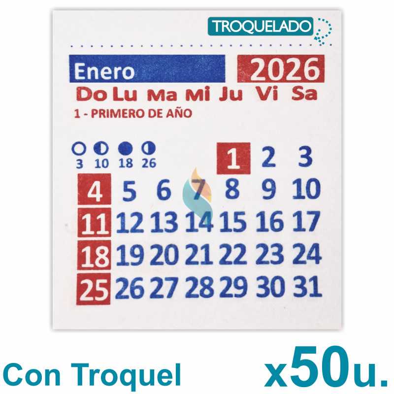 Almanaque 2026 Calendario Mignon Mensual 5.5x5 cm. Con Troquelado x50u.