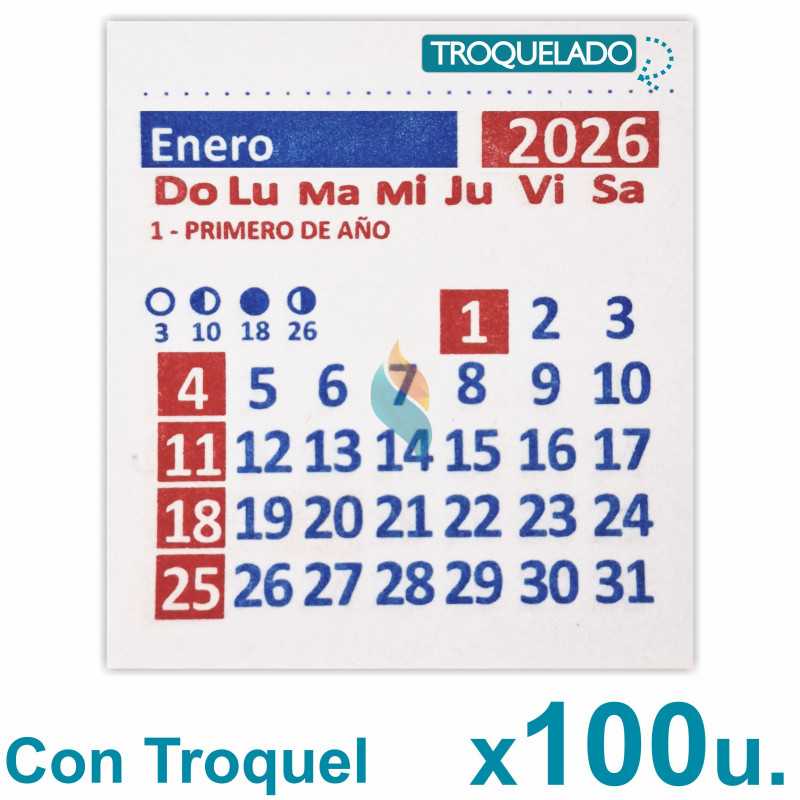 Almanaque 2026 Calendario Mignon Mensual 5.5x5 cm. Con Troquelado x100u.