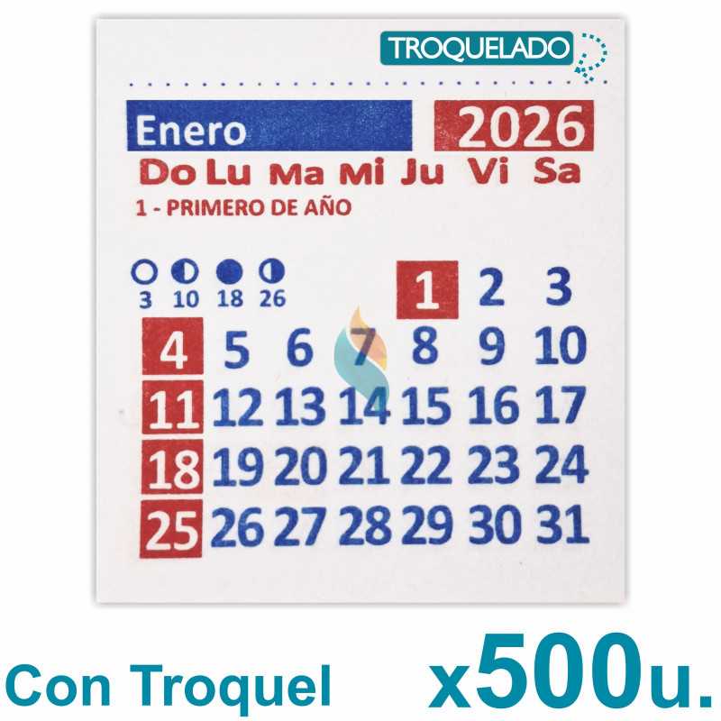 Almanaque 2026 Calendario Mignon Mensual 5.5x5 cm. Con Troquelado x500u.