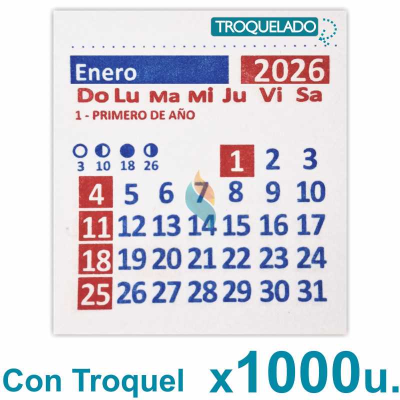 Almanaque 2026 Calendario Mignon Mensual 5.5x5 cm. Con Troquelado x1000u.