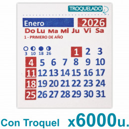 Almanaque 2026 Calendario Mignon Mensual 5.5x5 cm. Con Troquelado x6000u. PRECIO MAYORISTA