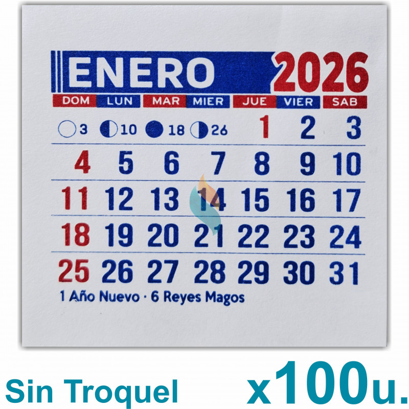 Almanaque 2026 Calendario Mignon Mensual 5x5 cm. Sin Troquelado x100u.