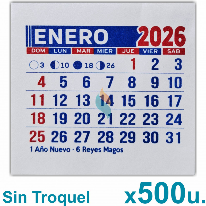 Almanaque 2026 Calendario Mignon Mensual 5x5 cm. Sin Troquelado x500u.