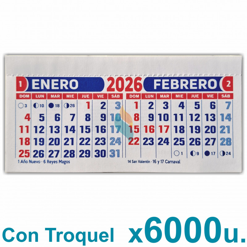 Almanaque 2026 Calendario Mignon Bi Mensual 14x8 cm. Con Troquelado x6000u. PRECIO MAYORISTA