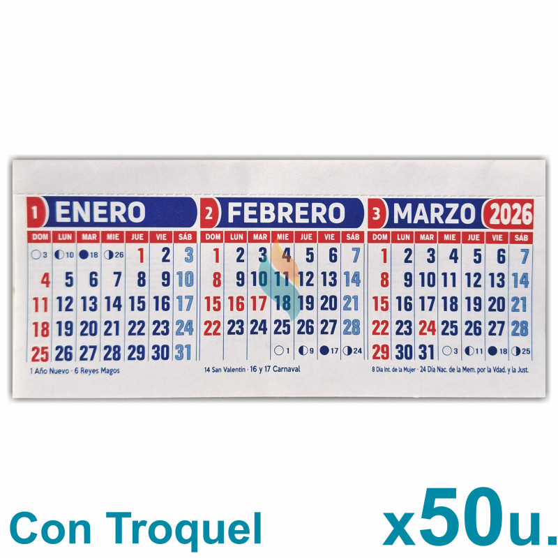 Almanaque 2026 Calendario Mignon Tri Mensual 19x8 cm. Con Troquelado x50u.