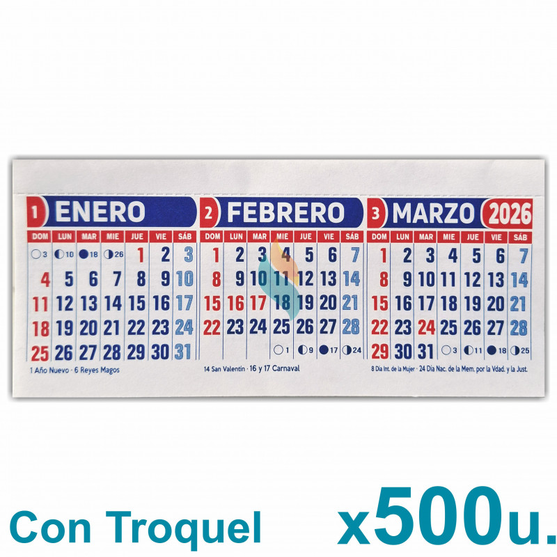 Almanaque 2026 Calendario Mignon Tri Mensual 19x8 cm. Con Troquelado x500u.