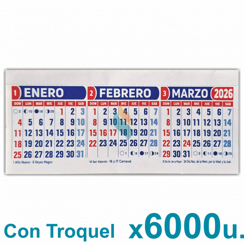 Almanaque 2026 Calendario Mignon Tri Mensual 19x8 cm. Con Troquelado x6000u. PRECIO MAYORISTA
