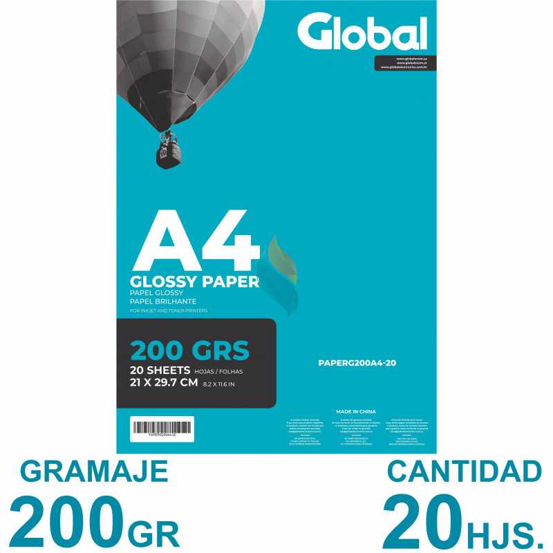Papel Fotográfico A4 200 gr. Brillante x 20 hojas - Global