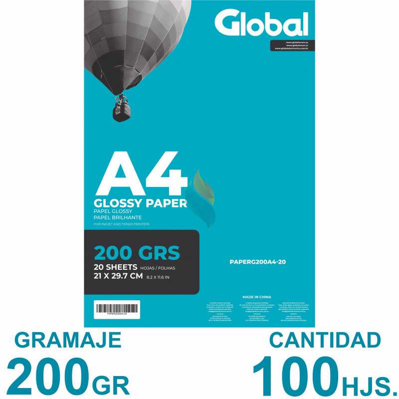 Papel Fotográfico A4 200 gr. Brillante x 100 hojas - Global
