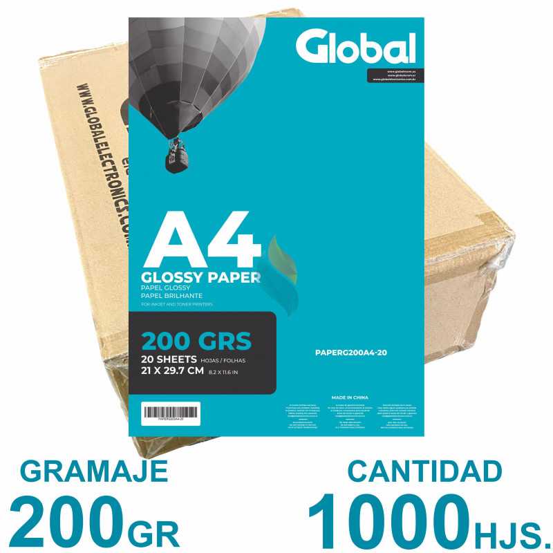 Papel Fotográfico A4 200 gr. Brillante x 1000 hojas - Global PRECIO MAYORISTA