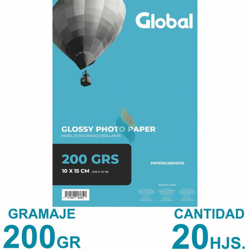 Papel Fotográfico 10x15cm 200 gr. Brillante x 20 hojas - Global