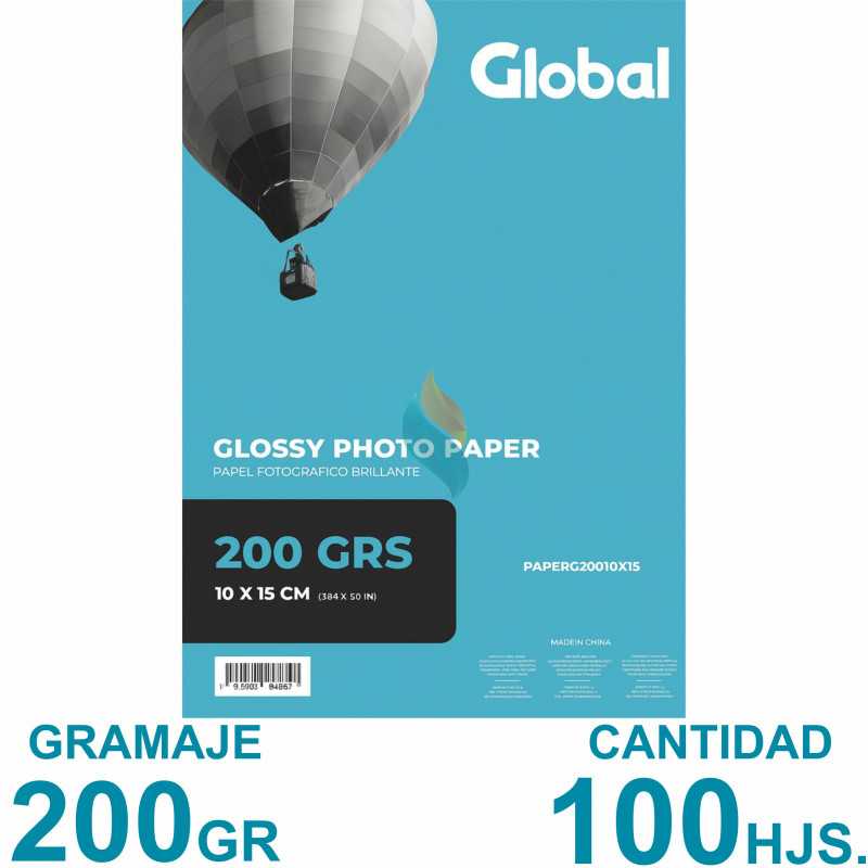 Papel Fotográfico 10x15cm 200 gr. Brillante x 100 hojas - Global