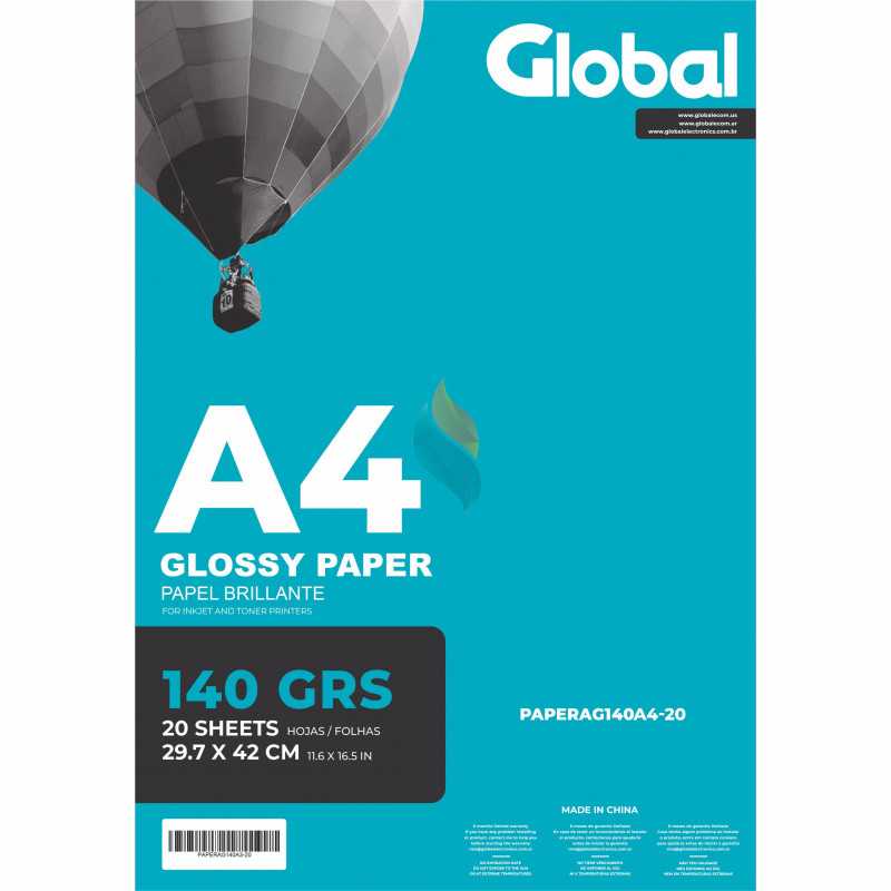 Papel Fotografico A4 140 gr. Brillante x 20 hojas - Global