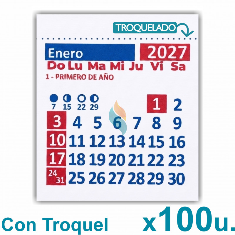 Almanaque 2027 Calendario Mignon Mensual 5.5x5 cm. Con Troquelado x100u.
