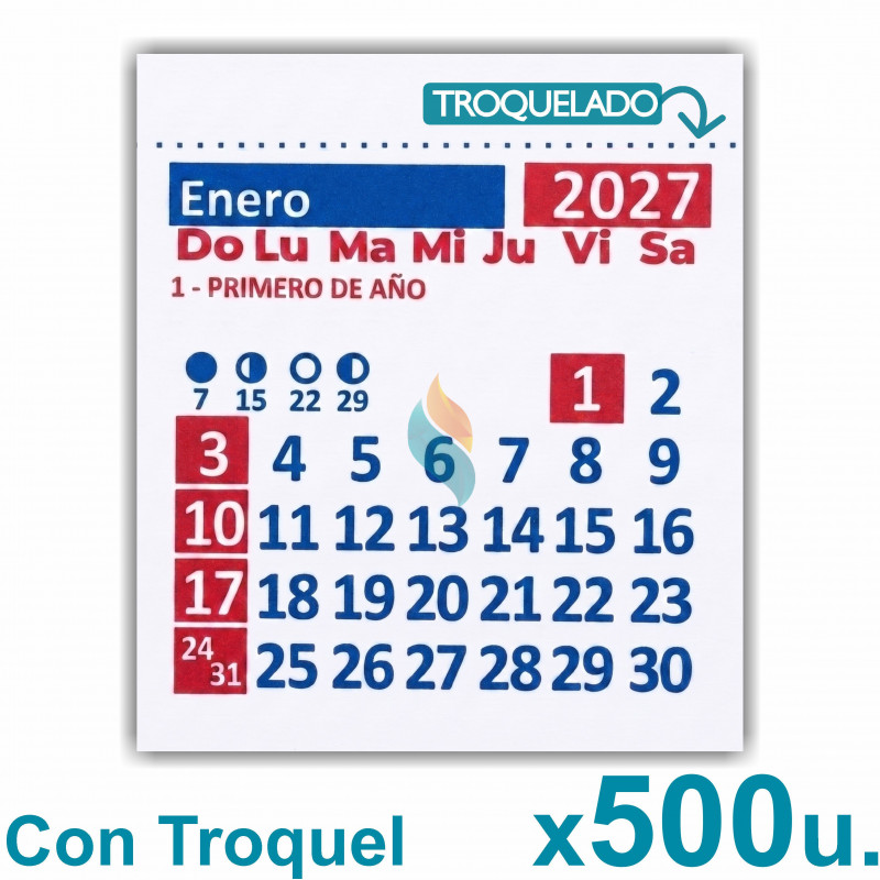 Almanaque 2027 Calendario Mignon Mensual 5.5x5 cm. Con Troquelado x500u.