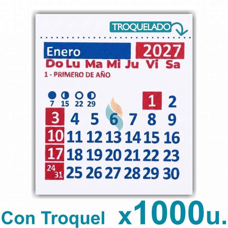 Almanaque 2027 Calendario Mignon Mensual 5.5x5 cm. Con Troquelado x1000u.