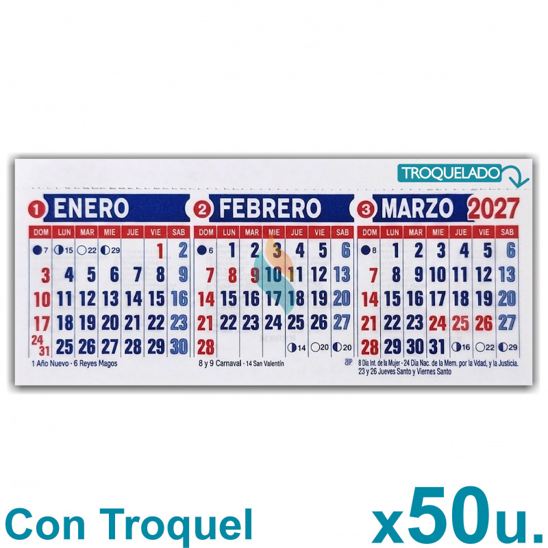 Almanaque 2027 Calendario Mignon Tri Mensual 19x8 cm. Con Troquelado x50u.