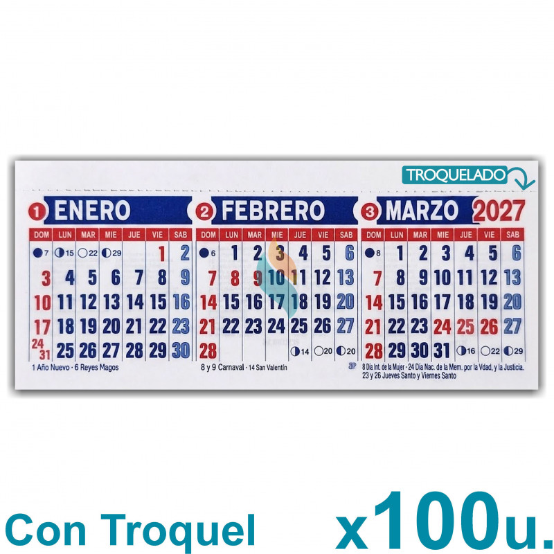 Almanaque 2027 Calendario Mignon Tri Mensual 19x8 cm. Con Troquelado x100u.