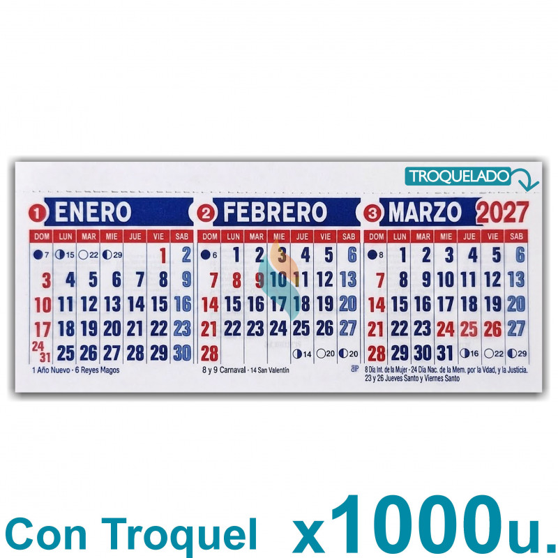 Almanaque 2027 Calendario Mignon Tri Mensual 19x8 cm. Con Troquelado x1000u.