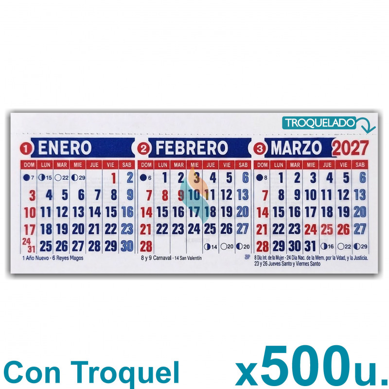 Almanaque 2027 Calendario Mignon Tri Mensual 19x8 cm. Con Troquelado x500u.