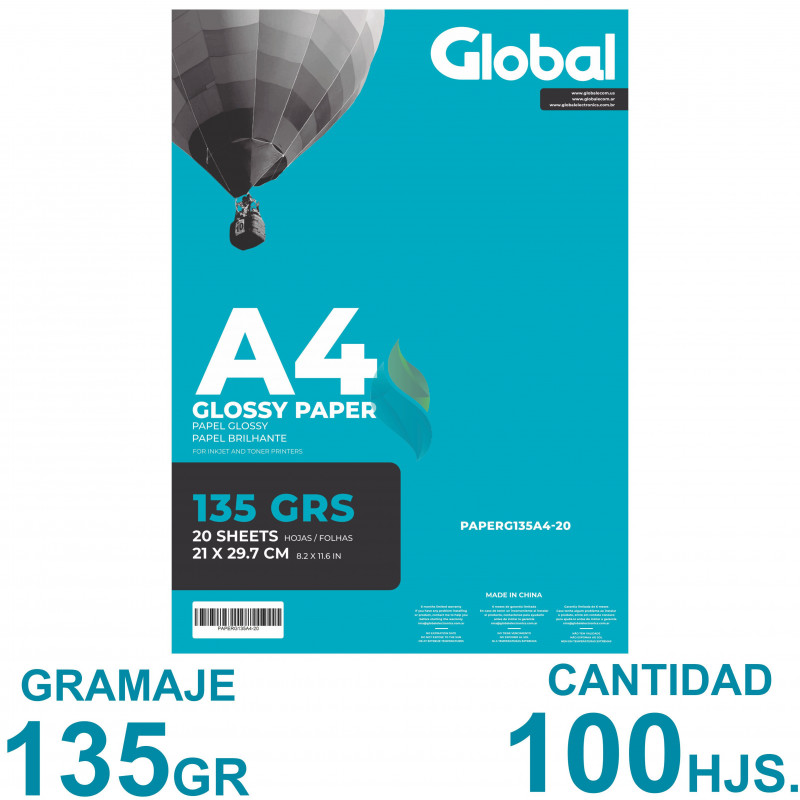 Papel Fotográfico Autoadhesivo A4 135 gr. Brillante x 100 hojas - Global